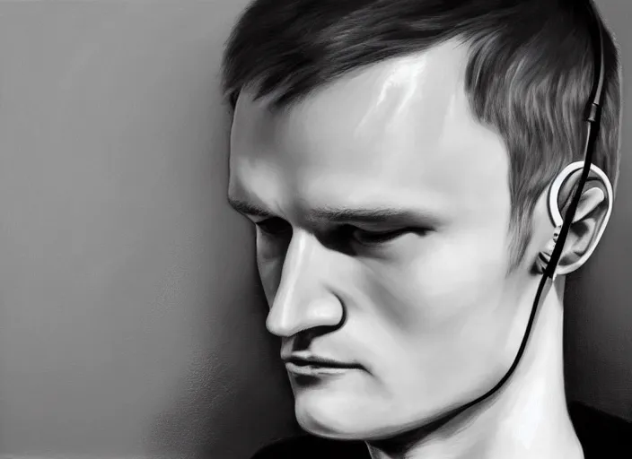 Image similar to vitalik buterin in headphones. vitalik buterin, medium shot, perfect symmetric face, coherent eyes, fine details., 4 k, hans zatska, oil paint