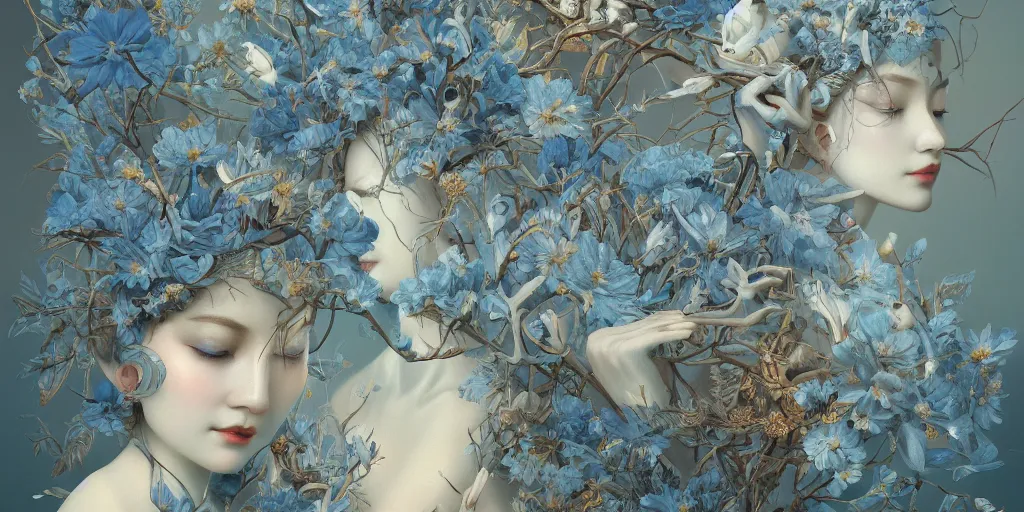 Image similar to breathtaking detailed concept art painting art deco pattern of faces goddesses amalmation light - blue flowers with anxious piercing eyes and blend of flowers and birds, by hsiao - ron cheng and john james audubon, bizarre compositions, exquisite detail, extremely moody lighting, 8 k