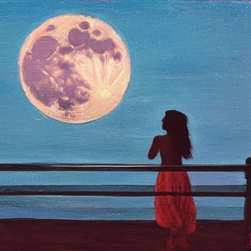 Prompt: of a full moon night, there is a silhouette of a perfect female girl by the window looking into the sea where you can see the refletion of the moon on the water, impressionist style