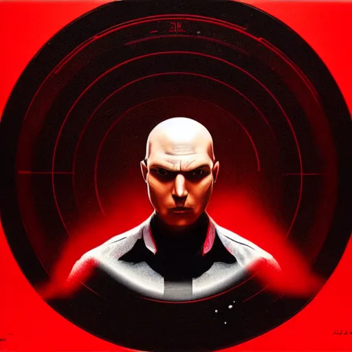 Image similar to a portrait of agent 4 7 placing a record in a record player, black background, red rim light, highly detailed, smooth, sharp focus, art by maciej kuciara
