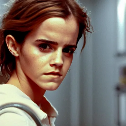 Image similar to film still of Emma Watson as Ripley in final scene scene in Alien 1979, 4k