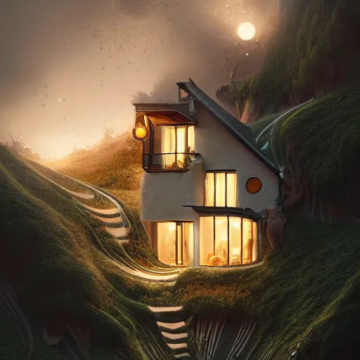 Prompt: small hillside house made of honey and milk, modern lighting, hyper - realistic, hyper - detailed, 8 k, octane rendered, art nouveau, organic, flowing, impossible torsion, writhing, dusk, lush, dynamic, in the style of ross tran