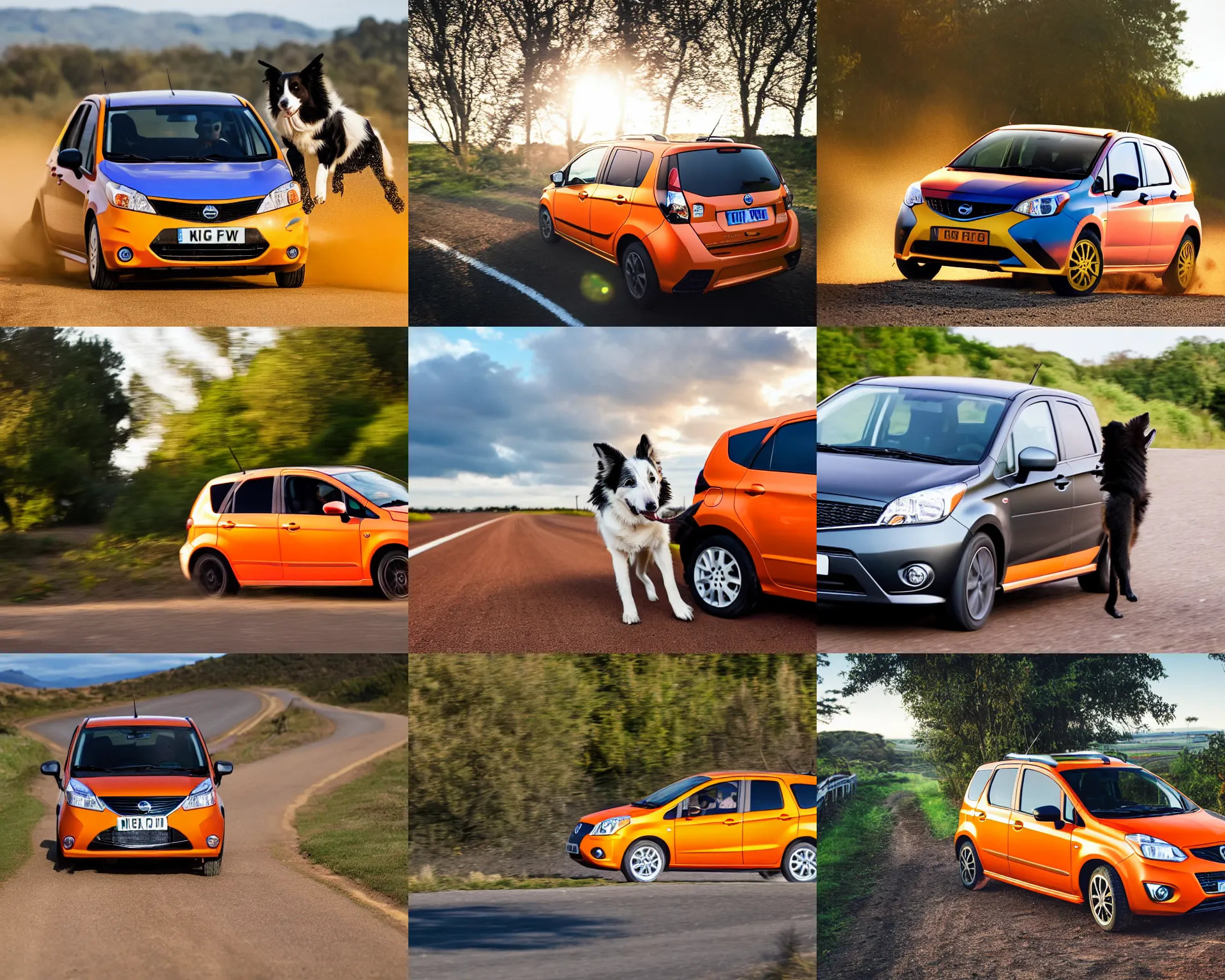 Prompt: border collie dog operating an orange nissan note, paws on wheel, car moving fast, rally driving photo, award winning photo, golden hour,