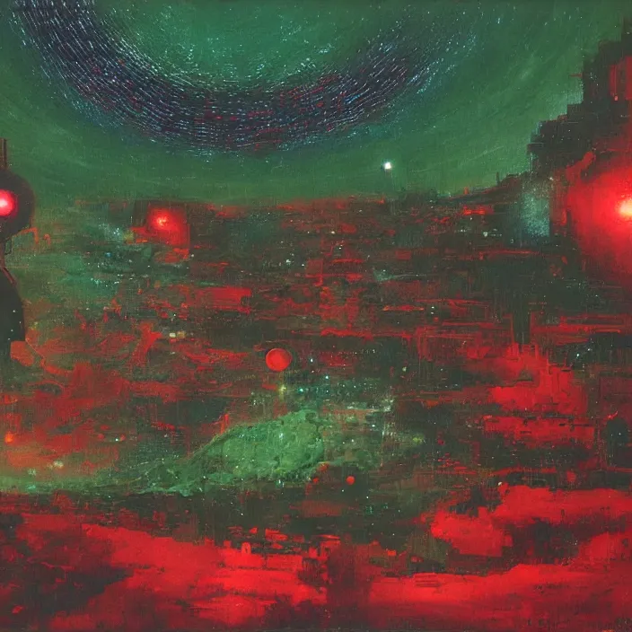 Image similar to gargantuan disappointment, red and green palette, night lights, starry sky, by ( h. r. giger ) and paul lehr