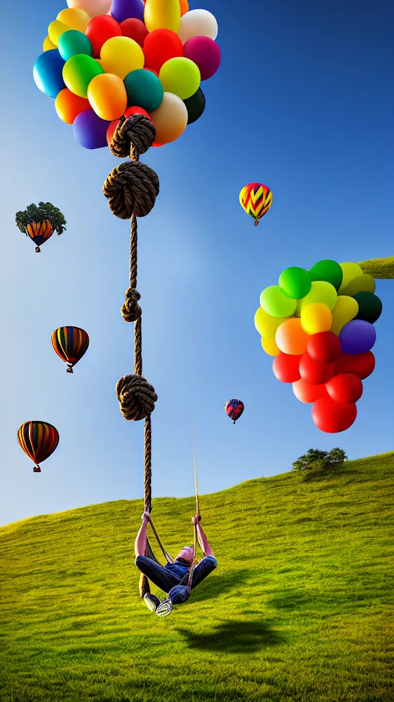 Image similar to large colorful balloons with people on rope swings underneath, flying high over the beautiful countryside landscape, professional photography, 8 0 mm telephoto lens, realistic, detailed, digital art, unreal engine