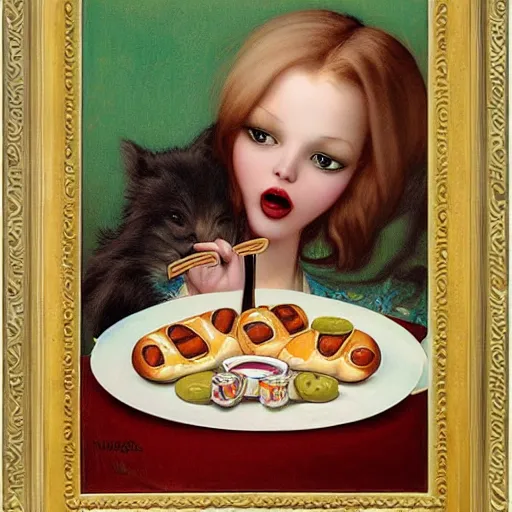 Prompt: hot dogs and yogurt is a messy eating contest, wlop, elvgren, mucha, mark ryden