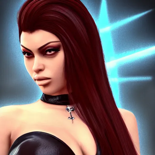 Image similar to portait of haifa wehbe, long hair centred, hd, very detailed curve, unreal engine, final fantasy style, loup garou background, rending artstation