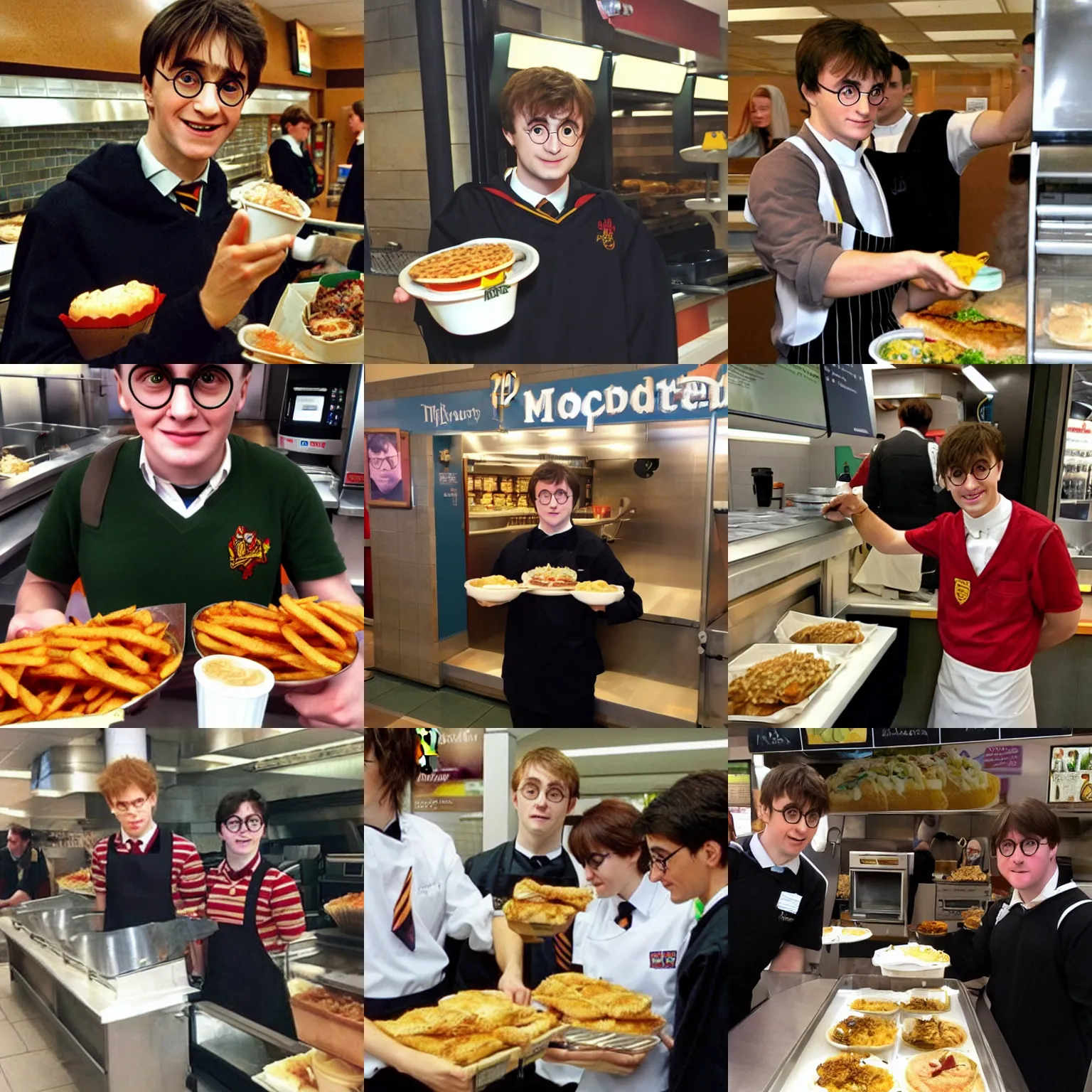 Prompt: Harry Potter as an intern serving food in McDonald's