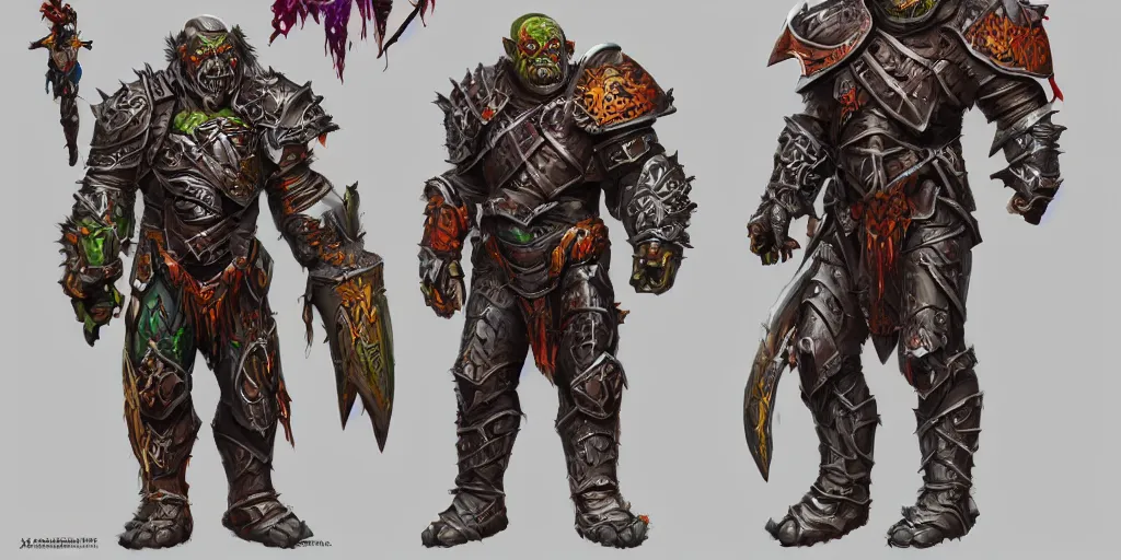 Image similar to different views of scary orcs in armour, colourful intricate!! concept art by senior character artist, trending on artstation, full body character design