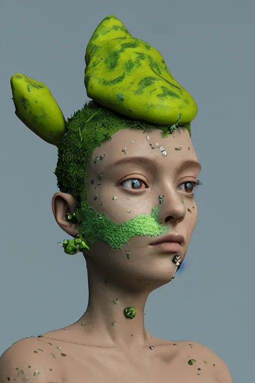 Image similar to nonbinary model, subject made of cracked clay, vine headdress, moss patches, 2 0 mm, with pastel yellow and green bubbles bursting out, melting into bulbasaur, delicate, beautiful, intricate, houdini sidefx, by jeremy mann and ilya kuvshinov, jamie hewlett and ayami kojima, bold 3 d