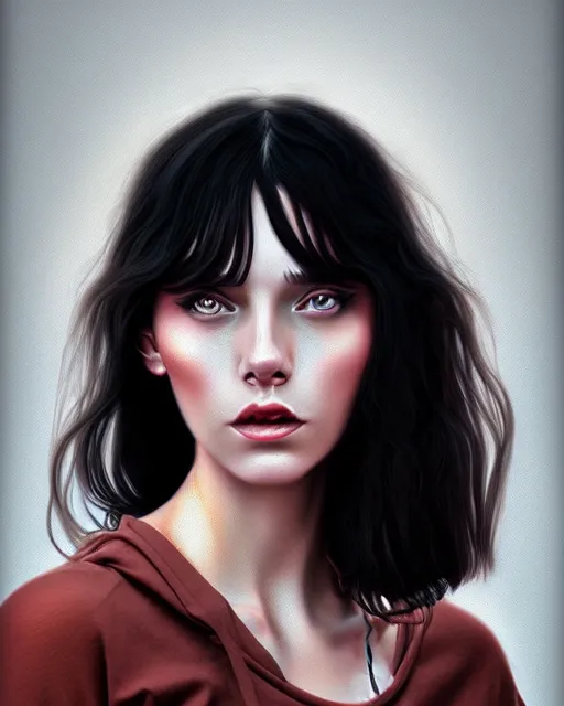 Image similar to portait of a woman with long dark hair, highly detailed, digital painting, cinematic, hyper realism, dark retrowave, art by Yoshitoshe ABe