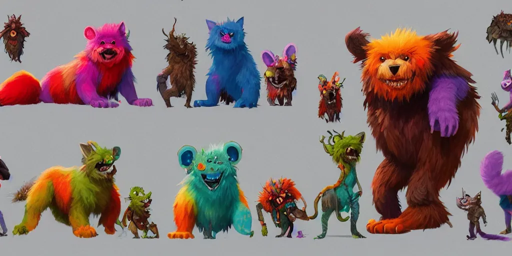 Image similar to big friendly furry monster, colorful, character sheet, greg rutkowski, zabrocki, karlkka, jayison devadas, trending on artstation, 8 k, ultra wide angle, zenith view, pincushion lens effect