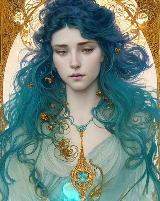 Image similar to an ethereal goddess with turquoise hair | highly detailed | very intricate | art nouveau | gold filigree | romantic storybook fantasy | soft cinematic lighting | award - winning | disney concept art watercolor illustration by mandy jurgens and alphonse mucha and alena aenami | pastel color palette | featured on artstation