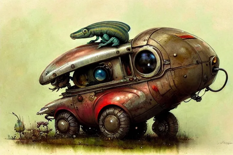 Image similar to adventurer ( ( ( ( ( 1 9 5 0 s retro future robot mouse amphibious vehical home. muted colors. swamp mushrooms ) ) ) ) ) by jean baptiste monge!!!!!!!!!!!!!!!!!!!!!!!!! chrome red