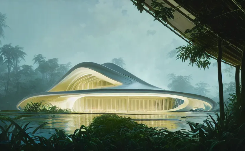 Image similar to painting of a wide angle exterior shot of a white modern architecture in the middle of a tropical forest with cinematic lighting by zaha hadid and renzo piano, darek zabrocki and greg ruthkowski, alphonse mucha, simon stalenhag and cinematic and blue cold atmospheric, archillect concept art, artstation, trending on artstation