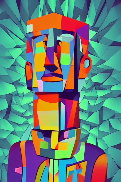 Image similar to cubist moai statue cutout digital illustration cartoon colorful beeple