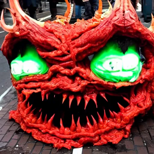 Prompt: an ominous terrifying being made of kimchi and hatred with sharp teeth and flaming eyes and horns