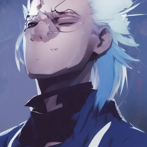 Image similar to anime style portrait of a young man with white hair and blue eyes, dramatic lighting, anime illustration by Greg rutkowski, yoji shinkawa, 4k, digital art, concept art, trending on artstation, アニメ, featured on pixiv