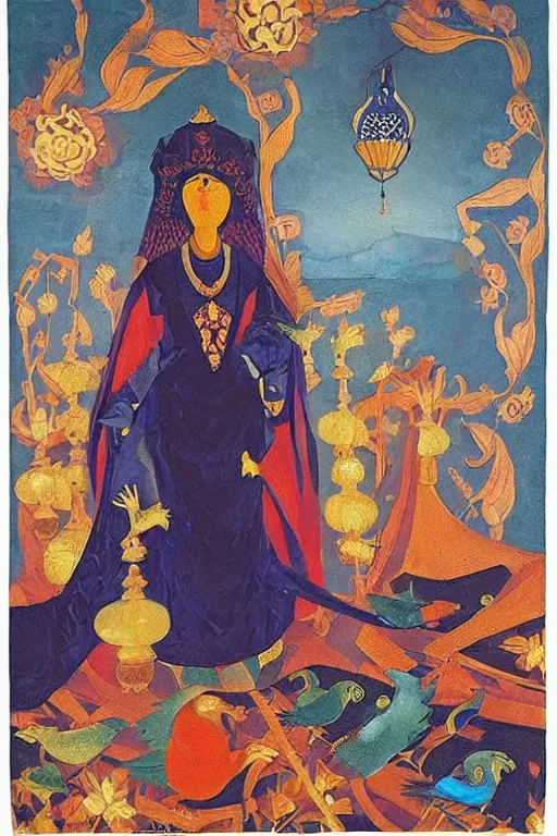 Prompt: queen of night with her lantern and birds, by Nicholas Roerich, black leather and embroidered velvet, iridescent beetles, rich color, dramatic cinematic lighting, extremely detailed