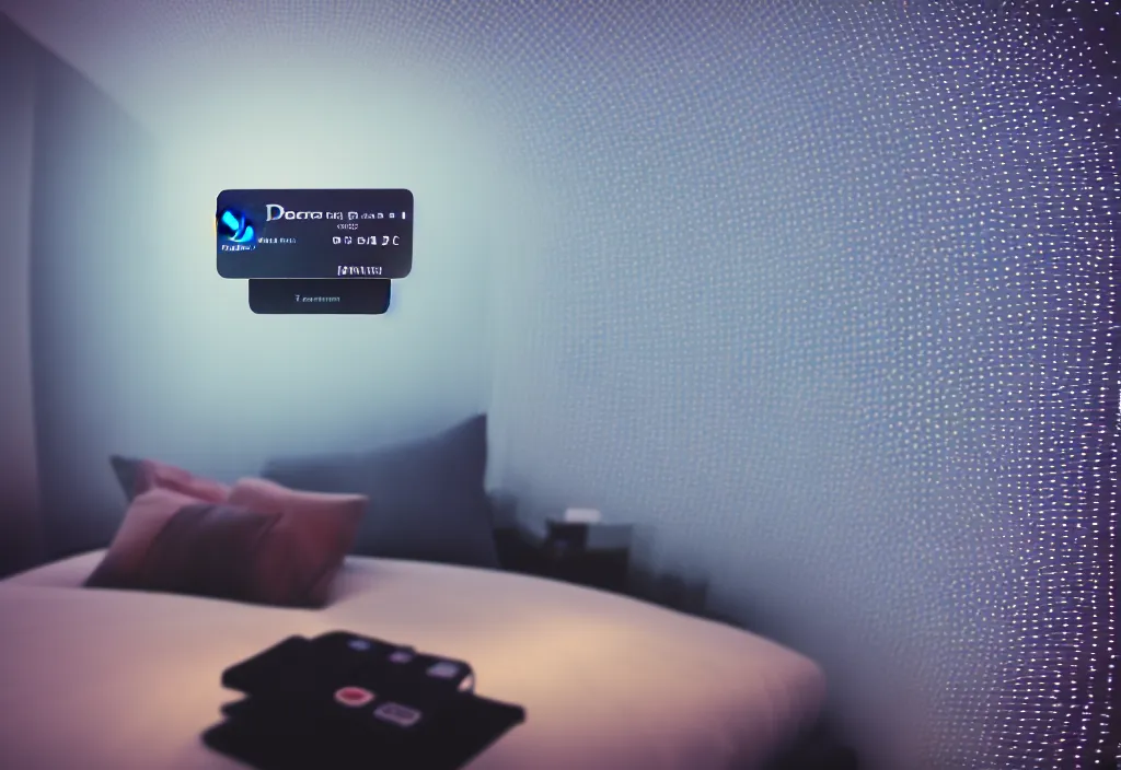 Image similar to 3 d dreams popping out of curved movie screen, volumetric lighting, bedroom, visor, sleeping, pair of keycards on table, bokeh, creterion collection, shot on 7 0 mm, instax