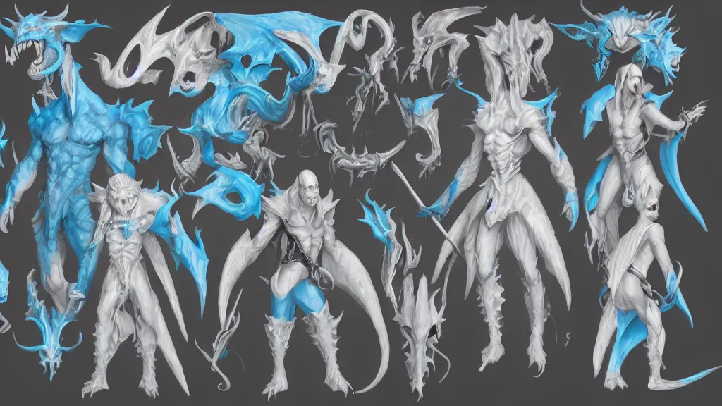 Image similar to a fantasy white and pale blue draconian demon with bright eyes character design sheet, trending on artstation