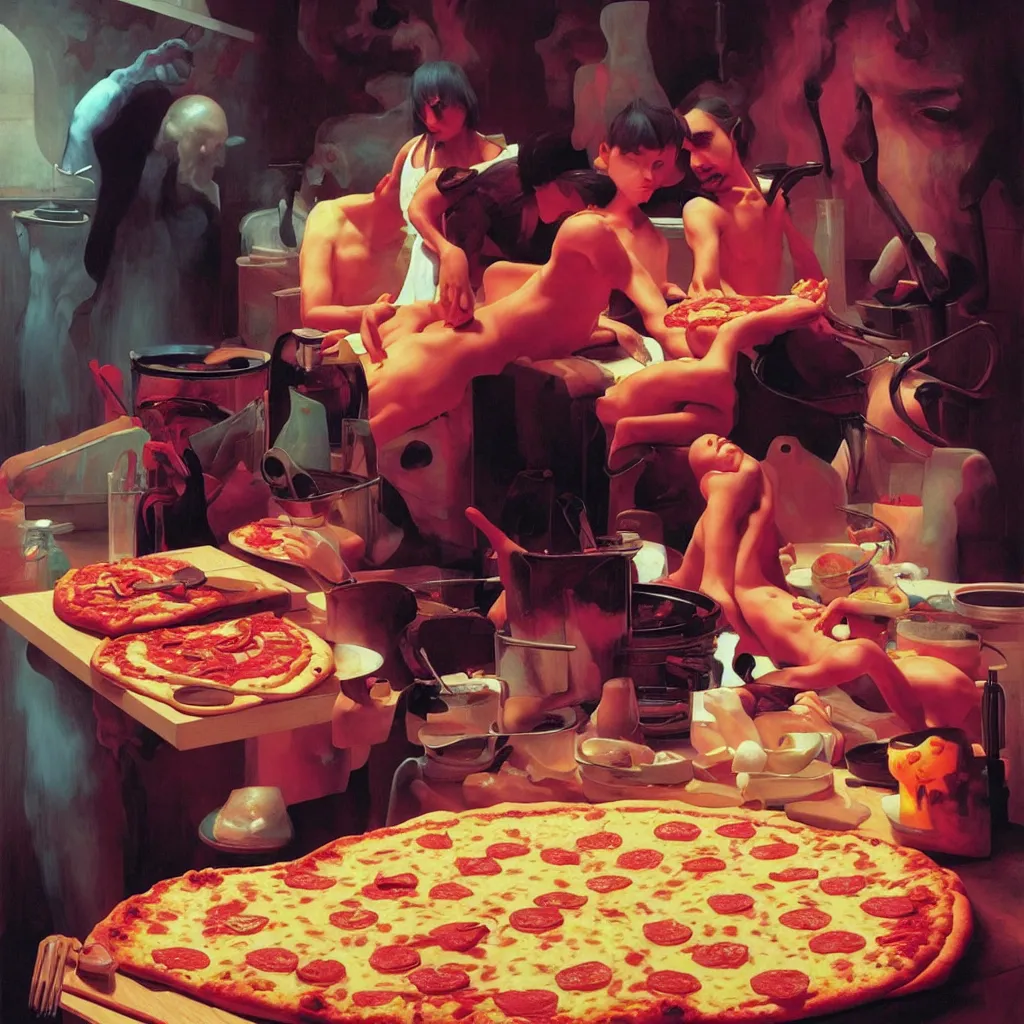 Image similar to weird and disturbing portrait of nick cave baking pizza, vivid colors, death, neon, art by ( ( ( kuvshinov ilya ) ) ) and wayne barlowe and francis bacon and artgerm and wlop and william - adolphe bouguereau