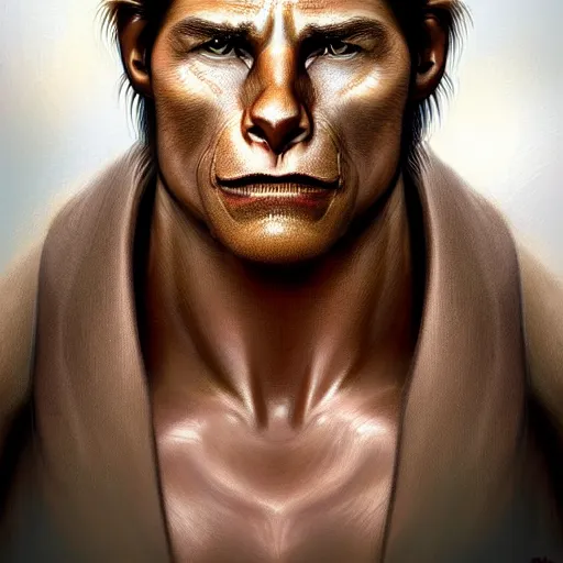 Prompt: africa, beautiful portrait of a very funny actor tom cruise playing with ginger red big monkey, face like monkey, emma watson actress blended monkey face, ape, powerful, dramatic lighting, intricate, wild, highly detailed, digital painting, cinematic, artstation, concept art, sharp edges and focus, illustration, art by artgerm and greg rutkowski and alphonse mucha