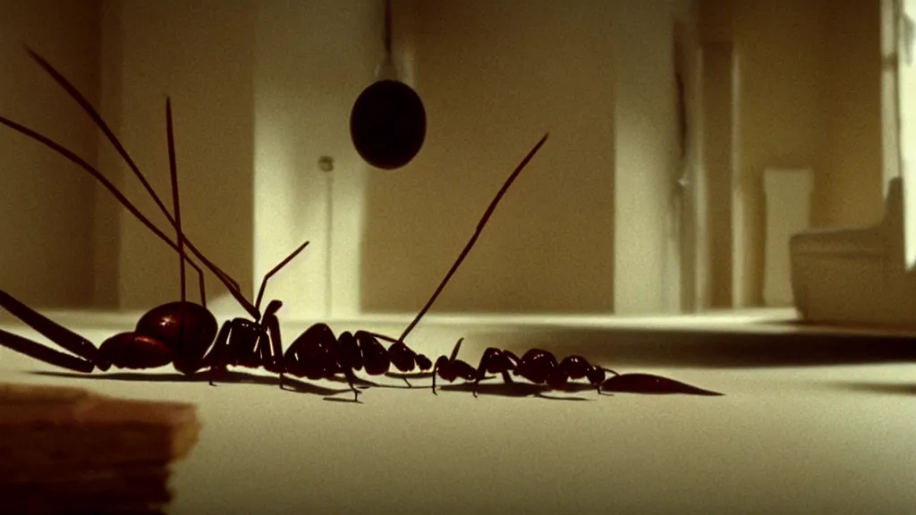Prompt: the giant ant in the living room, film still from the movie directed by Denis Villeneuve with art direction by Salvador Dalí, wide lens