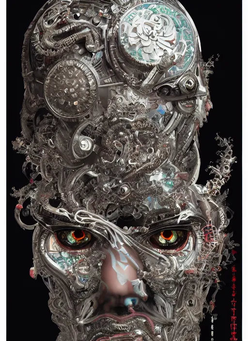 Prompt: portrait of a seductive cybernetic biopunk yakuza, imari, modern fine art, fractal, in the style of ghosts in the machine, intricate ornaments, elegant, highly detailed, digital photography, subsurface scattering, by mc escher and greg rutkowski,