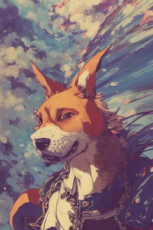 Prompt: maximalist intimidating dog, trending on pixiv fanbox, painted by makoto shinkai takashi takeuchi studio ghibli, akihiko yoshida, yoshitaka amano, wangechi mutu, clean cel shaded vector art. shutterstock. behance hd by lois van baarle, artgerm, helen huang, rossdraws, illustration