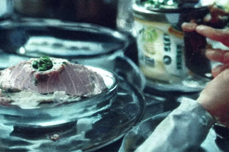 Image similar to tuna and peas aspic in cyberspace, in 1 9 9 5, y 2 k cybercore, industrial low - light photography, still from a ridley scott movie