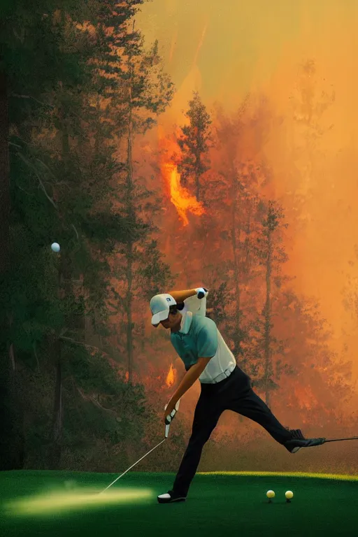 Image similar to close-up of an athletic golf player in a lush golf course with automatic watering, low angle, magical lights, golden hour, surrounded by burning forests, smoke from the fire, digital painting, cinematic, 4k, forest ray light, particles light, ilya kuvshinov, Greg Rutkowski, Beeple