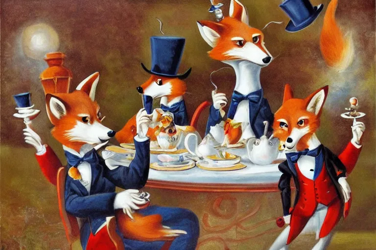 Image similar to anthropomorphic foxes wearing monocles and top hats at a tea party, style of kitsch art painting