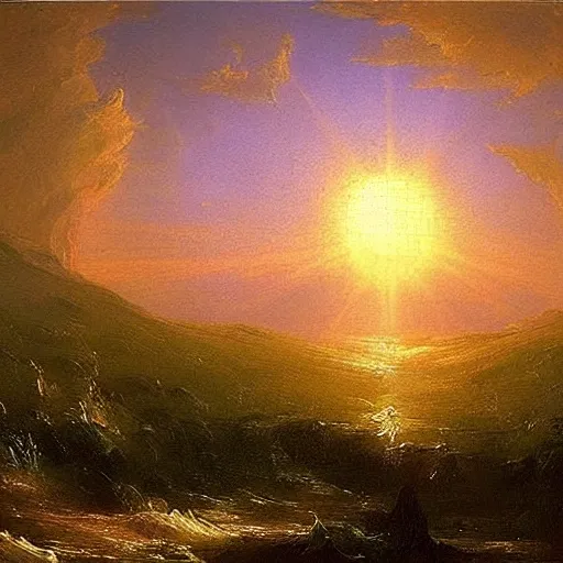 Image similar to The sun is a metaphor for hope. No matter how dark things may seem, there is always light. An oil painting by Thomas Cole