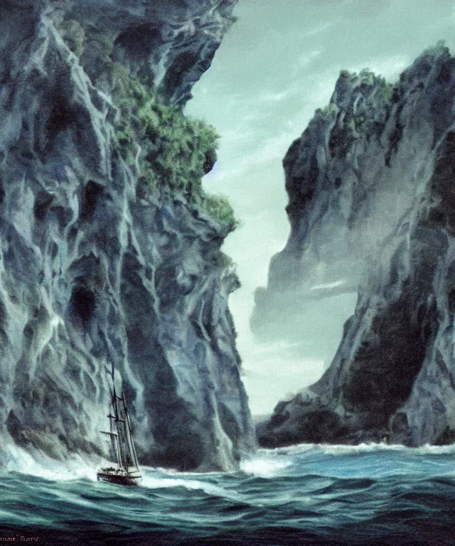 Prompt: photorealistic blue - toned photo of a 1 9 2 5 bay boat sailing near a jamaican cliff with the mouth of a sea cave at the waterline, dark, brooding, atmospheric, lovecraft, horror, smooth, epic, highly detailed, cinematic, by clyde caldwell