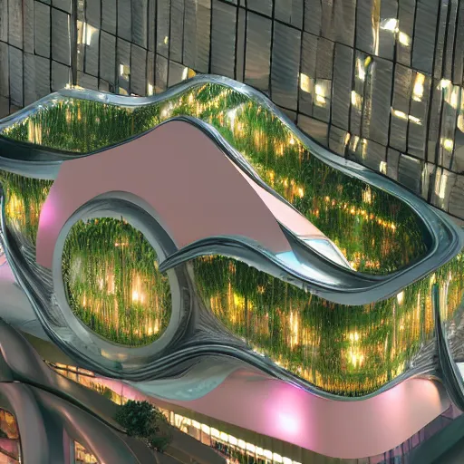 Prompt: metallic building eco - friendly city designed by zaha hadid with gleaming pink walls and dripping with vines, glowing led trim and hexagonal windows and bands of gold, extremely lush landscape and florals, foggy city night atmospheric building rendered in blender with ray tracing
