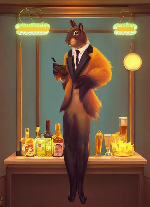 Prompt: squirrel anthro as a dapper bartender with a big, fluffy tail, retro futurism, art deco, detailed, painterly digital art by WLOP and Cory Loftis and Delphin Enjolras, 🐿🍸🍋, furaffinity, trending on artstation