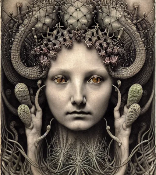 Prompt: detailed realistic beautiful cactus goddess face portrait by jean delville, gustave dore, iris van herpen and marco mazzoni, art forms of nature by ernst haeckel, art nouveau, symbolist, visionary, gothic, neo - gothic, pre - raphaelite, fractal lace, intricate alien botanicals, ai biodiversity, surreality, hyperdetailed ultrasharp octane render