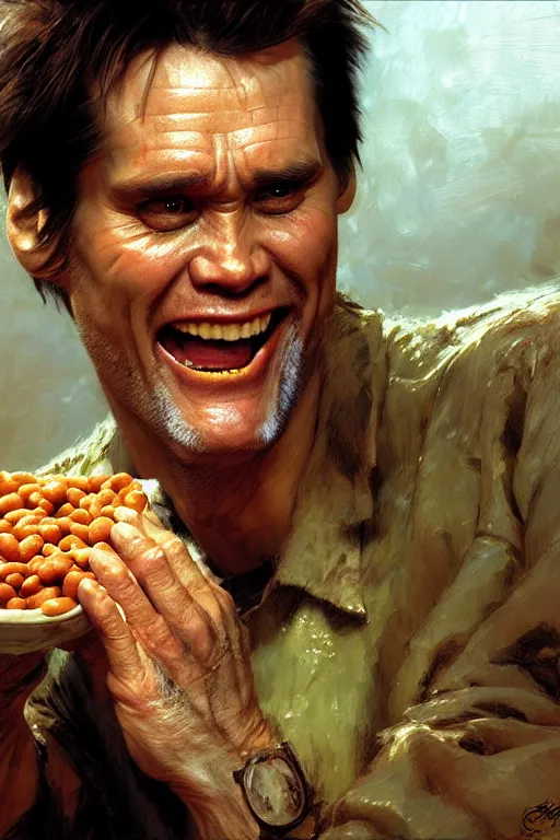 Prompt: jim carrey eating baked beans and laughing, extreme close up, high detail, insane face, portrait dnd, painting by gaston bussiere, craig mullins, greg rutkowski, yoji shinkawa