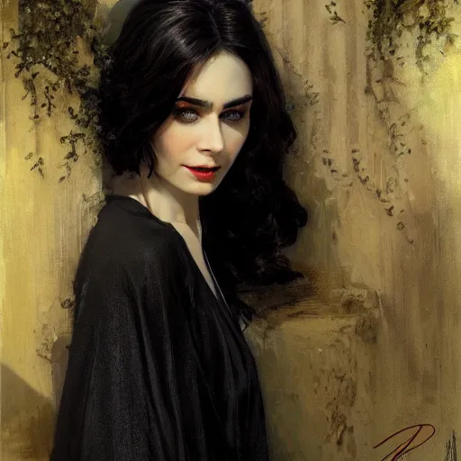 Image similar to detailed realistic cinematic wide shot of beautiful attractive lilly collins vampire woman wearing black bath robe slim face symettrical face clean skin black eyes black robe smooth, sharp focus, ultra realistic, spring light, painting by gaston bussiere, craig mullins, j. c. leyendecker