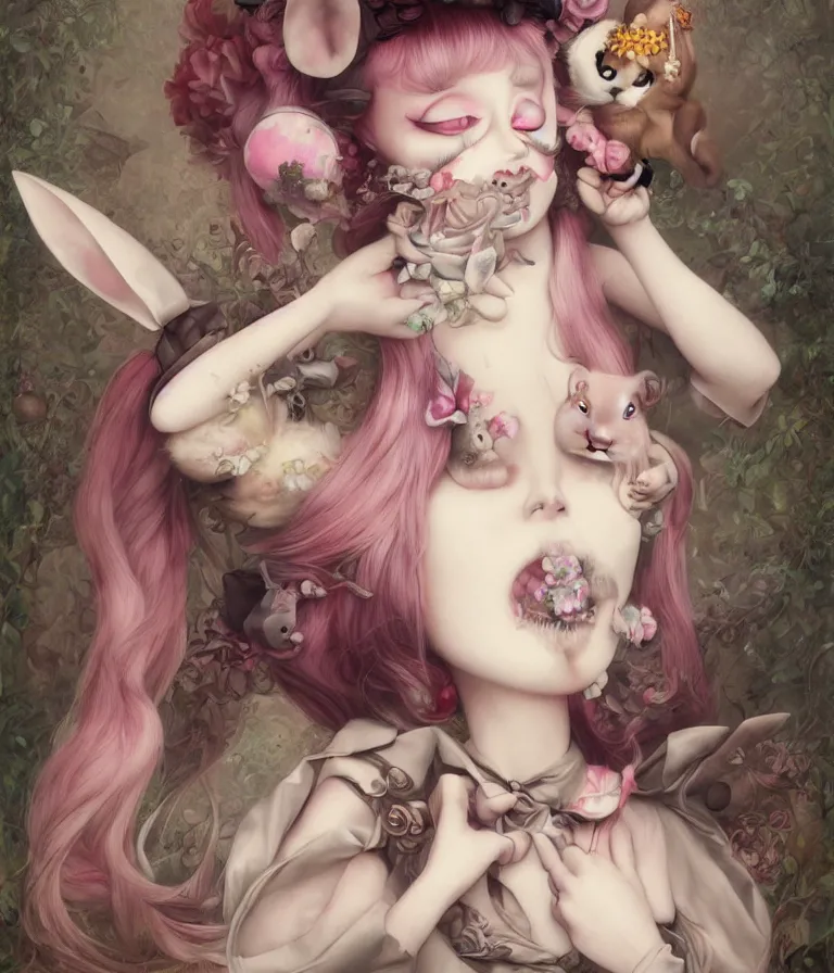 Image similar to pop surrealism, lowbrow art, realistic cute alice girl holding a bunny painting, japanese street fashion, hyper realism, muted colours, rococo, natalie shau, loreta lux, tom bagshaw, mark ryden, trevor brown style