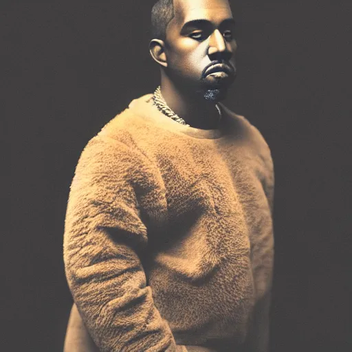 Image similar to a ( ( chiaroscuro lighting portrait ) ) of kanye west ( ( ( dressed as teddy bear mascot ) ) ), black background, portrait by julia margaret cameron, shallow depth of field, 8 0 mm, f 1. 8