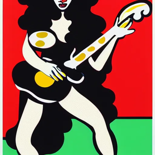 Prompt: Goth girl playing electric guitar by Mario Testino, oil painting by Roy Lichtenstein