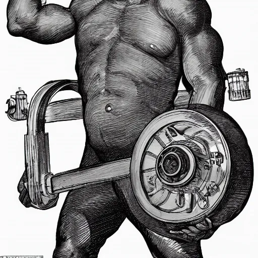 Image similar to a muscular bald man carrying engines on his back, technical diagram, diesel engine, gasoline engine, combustion engine