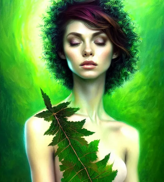 Prompt: beautiful tree wearing green leaf halter top, perfect face, dark green leaf hair, with abs, cinematic, blush, stunning, elegant, highly detailed, psychedelic, digital painting, artstation, smooth, hard focus, illustration, art by jessica rossier and and brian froud