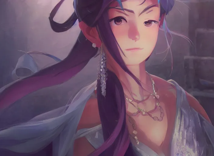 Prompt: full body portrait character concept art, oil painting anime key visual of princess jasmine, studio lighting delicate features finely detailed perfect face directed gaze, at an ancient city, gapmoe yandere grimdark, trending on pixiv fanbox, painted by greg rutkowski makoto shinkai takashi takeuchi studio ghibli