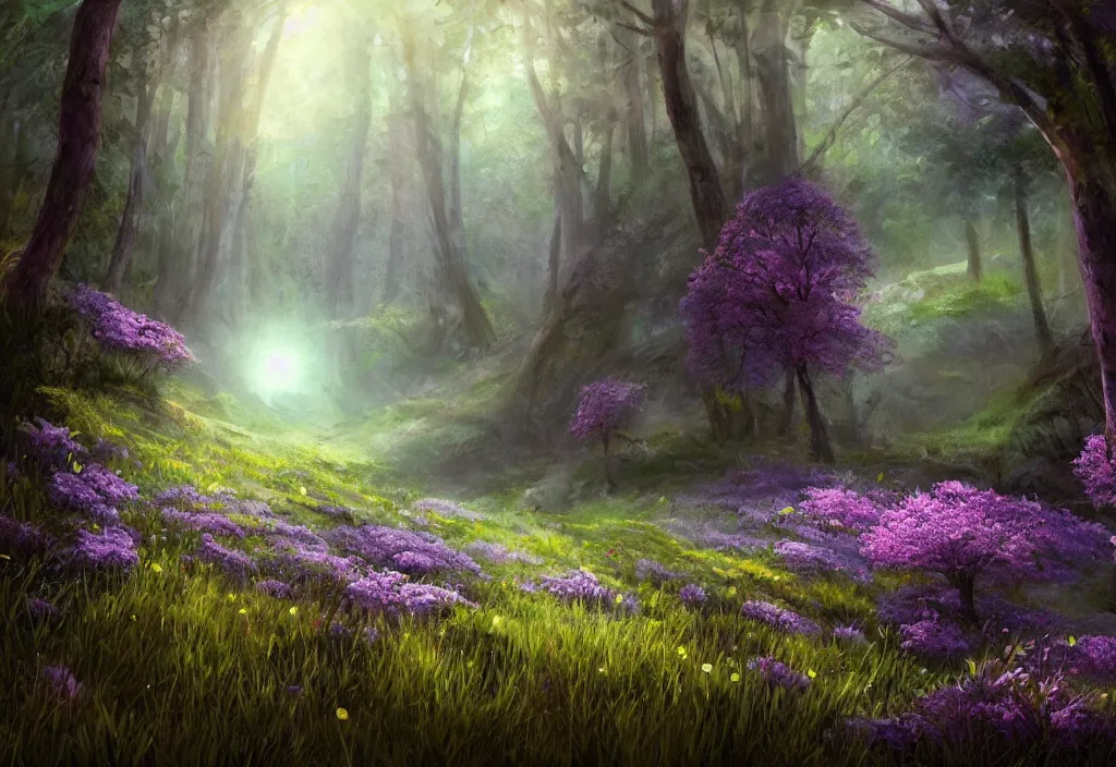 Image similar to a flowering meadow a forest behind it, no purple, epic alien fantasy, detailed, intricate, digital painting, concept art, realistic, smooth, focus, rim light