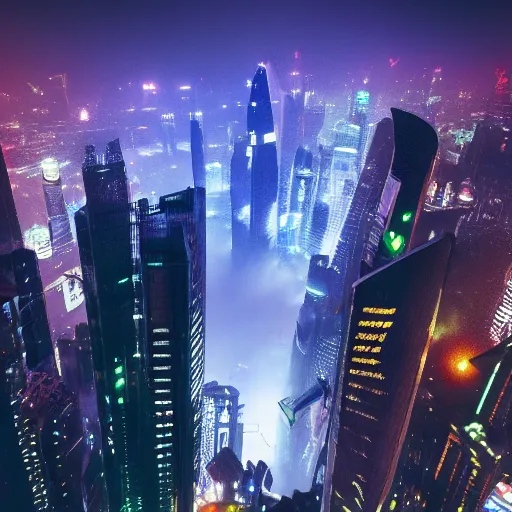 Prompt: cyberpunk shanghai lujiazui in the night seen from below, cityscape, mist, rain, artstation, 8 k