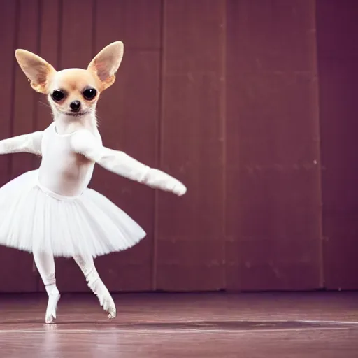 Prompt: photograph of a dainty elegant chihuahua ballerina, dancing on a wooden stage, cinematic lighting, stage lights,