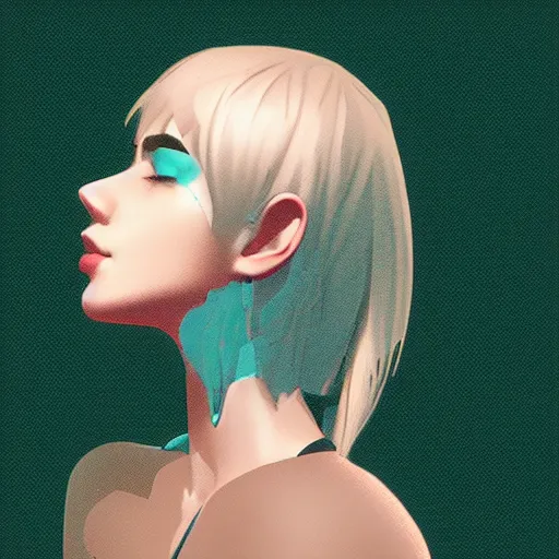 Image similar to profile of a female character with short hair, shoulders can be seen, minimal, turquoise tones, black tones, white background, facing front left, trend on artstation